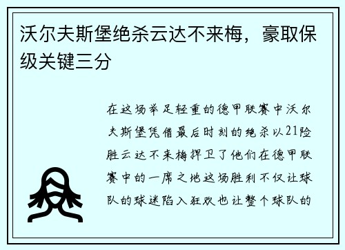 沃尔夫斯堡绝杀云达不来梅，豪取保级关键三分